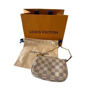 Louis Vuitton Damier Azur Canvas Mini Pochette Wristlet Pouch Bag Gold Chain